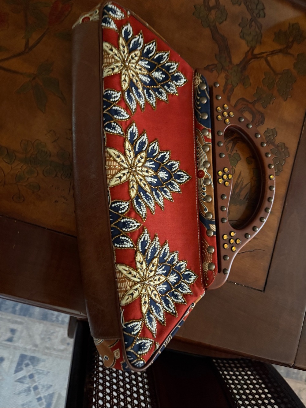 Isabella Fiore Red Blue Brown Patterned Fabric Clutch with Studded Handle